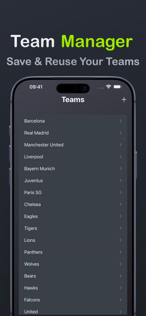Interfaz de la aplicación móvil de la pantalla de Gestión de Equipos que muestra una lista de equipos deportivos guardados para la organización de torneos.