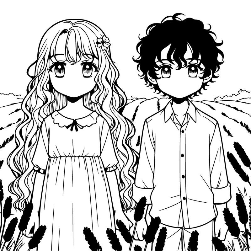 catnip manga brother and sister sister with  long curly hair and brother with curly hair too in a lavender field