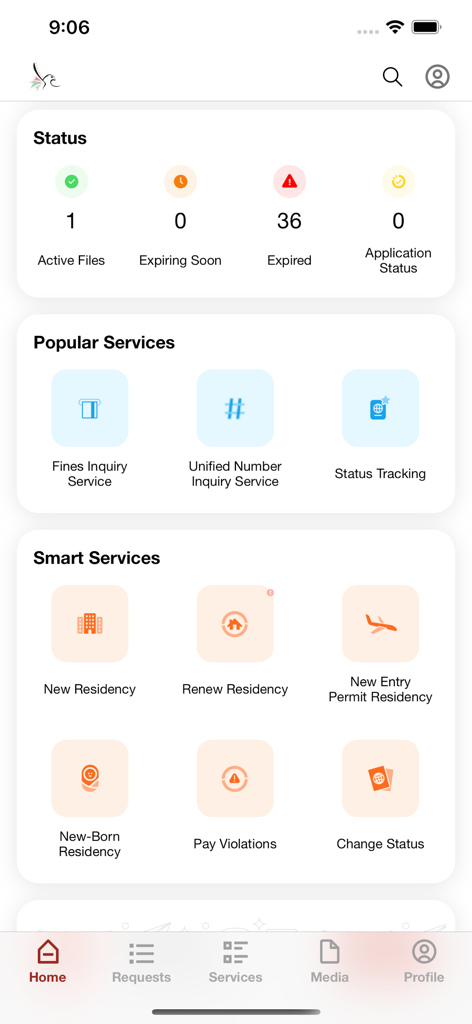 GDRFA DXB - GDRFA DXB app dashboard showing residency status and smart services for Dubai immigration