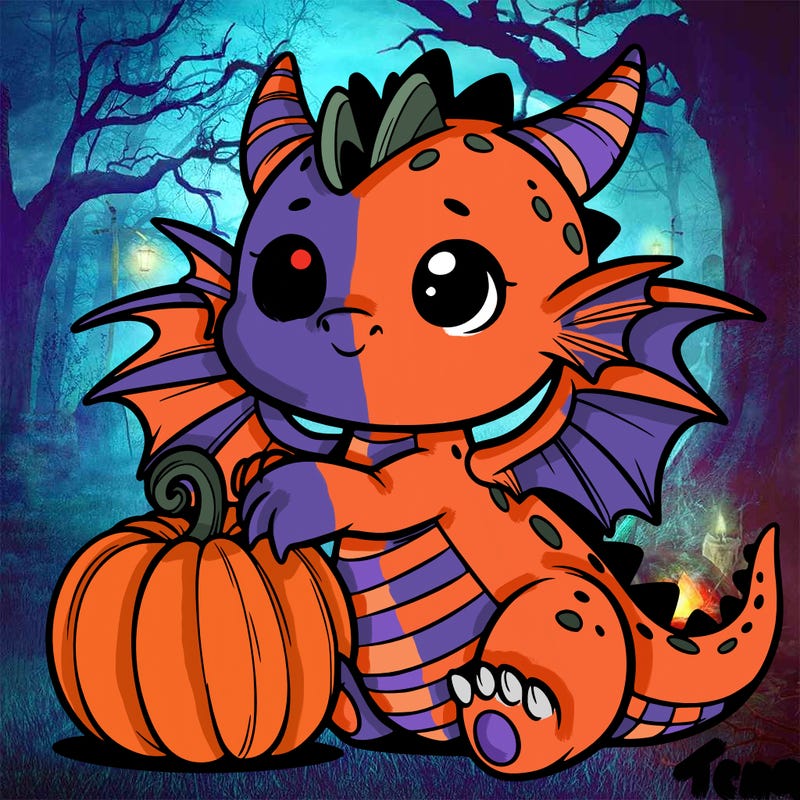 a winged cute dragon with a pumpkim