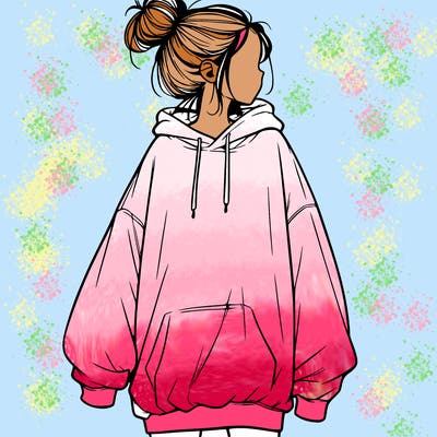 realistic girl with a oversized sweatshirt on and a bun