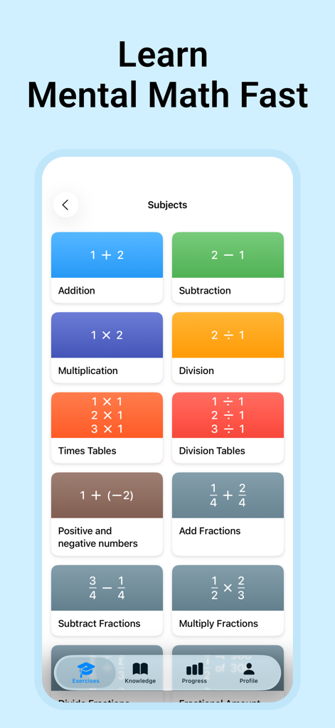 Elenco di categorie di esercizi di calcolo mentale come addizione sottrazione e frazioni
