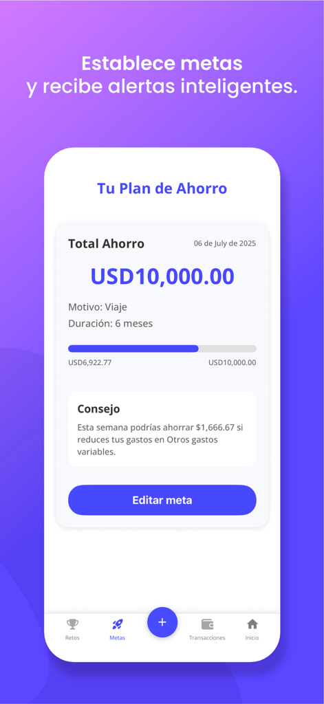 Alba AI - Pantalla de la aplicación Alba AI que muestra un objetivo de ahorro para un viaje y consejos financieros.