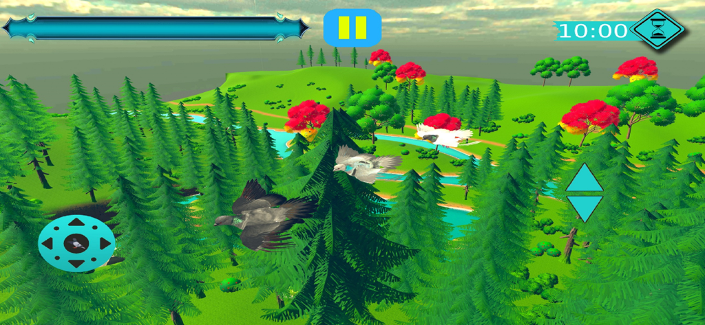 flying pigeon bird simulator - Gameplay screenshot of pigeons flying over a green forest in the Flying Pigeon Bird Simulator app