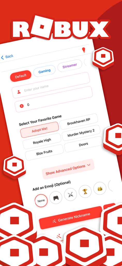 Robux Maker for Roblox - Interfaz para crear apodos personalizados de Roblox con selección de categoría de juego y emojis