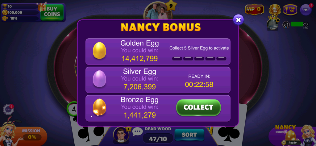 Gin Rummy Mania-No Ads,No Stop - A pop up window for the Nancy Bonus in Gin Rummy Mania showing golden silver and bronze egg rewards