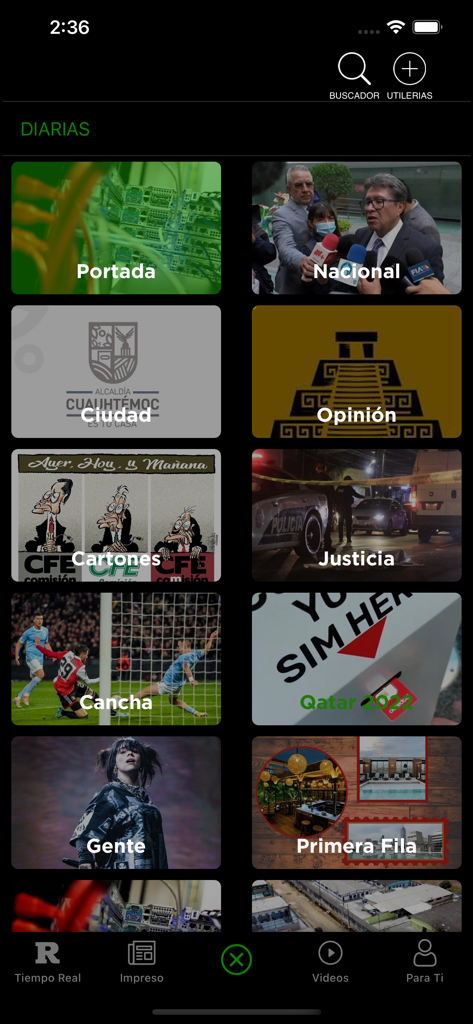 Grid view of various news categories in the REFORMA mobile application