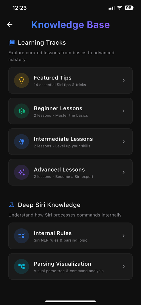 App For Siri Commands Tips - Menú de Base de Conocimiento con rutas de aprendizaje para comandos de Siri desde principiante hasta avanzado.