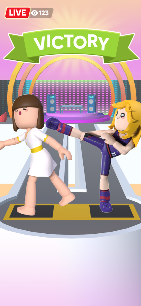 A 3D fashion game victory screen showing a character in a purple outfit winning a catwalk battle against an opponent