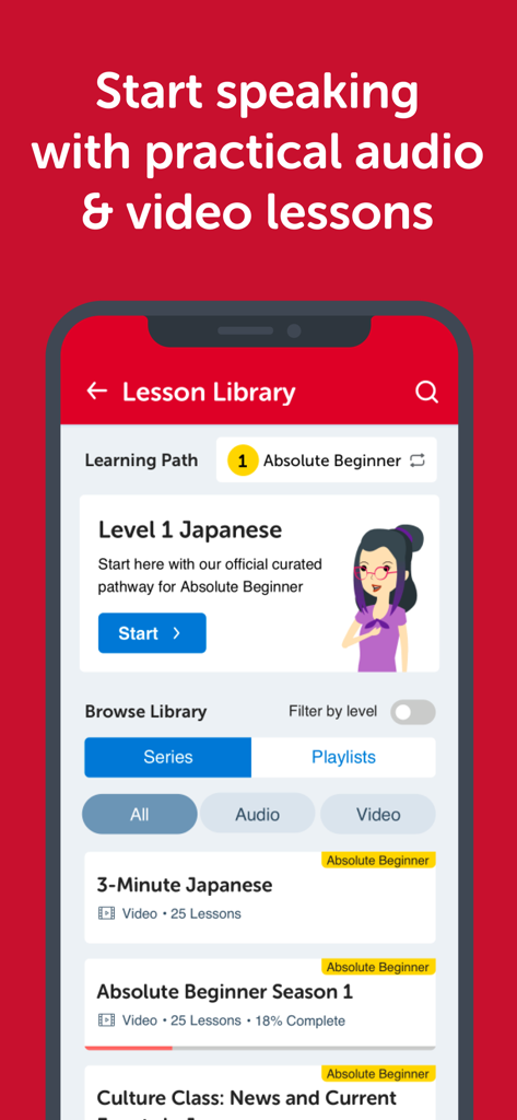 Innovative Language Learning - Innovative Language Learning app interface displaying Japanese audio and video lessons for absolute beginners.