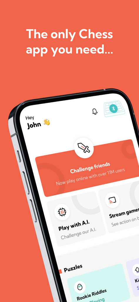 Panel de la aplicación Square Off Chess mostrando opciones para desafiar amigos, jugar con IA y acceder a puzzles de ajedrez