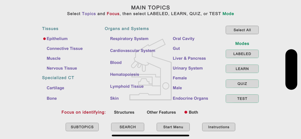 Histo! - Hauptthemenmenü der Histo-App mit Lernkategorien für Gewebe und Organsysteme.