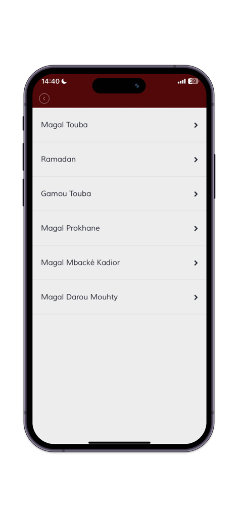 Menú de eventos religiosos en la aplicación Sunu Khassida que incluye Magal Touba y Ramadán