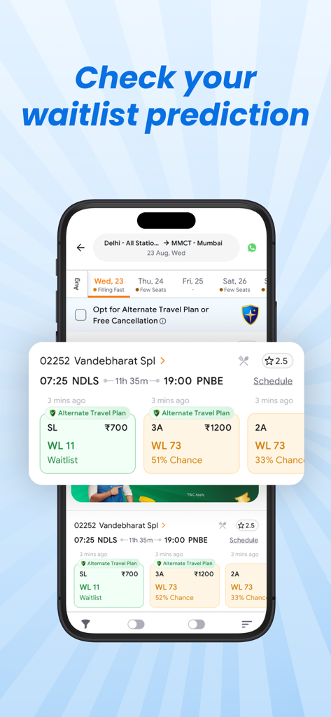 ixigo Trains: Ticket Booking - Interface of the ixigo app showing train waitlist prediction and seat availability for Indian Railways