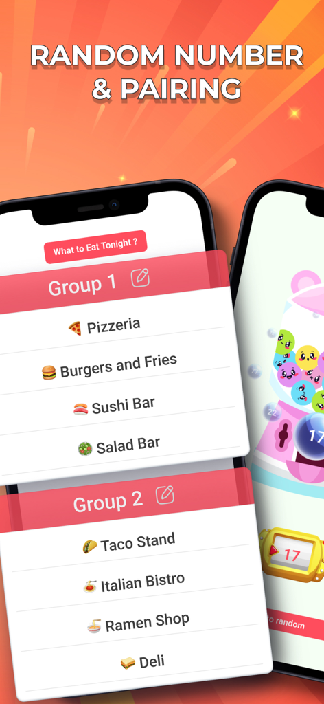 Spin The Wheel - Number Picker - A random pairing interface in the Spin The Wheel app showing various food and restaurant options to help groups make decisions.