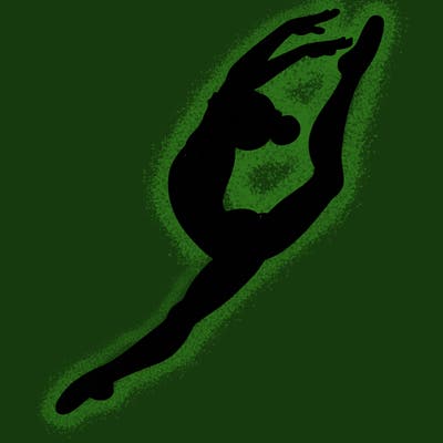 gymnast doing a leap in a leotard with a bent back leg