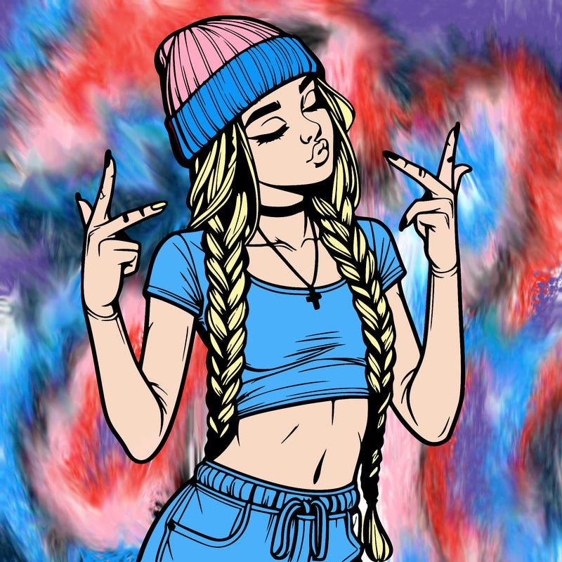 realistic teenage girl with braids and a beanie and crop top doing 🫶🏼