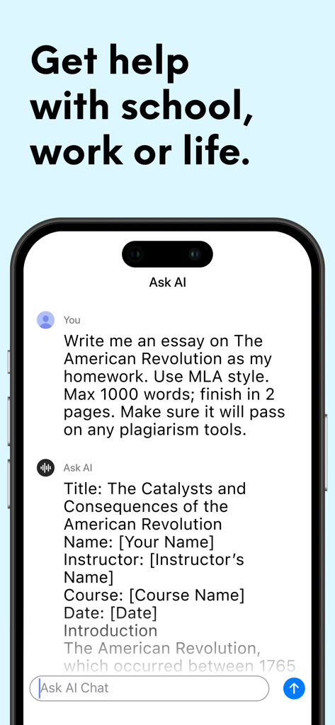 Interface de chat do Ask AI gerando uma redação escolar sobre a Revolução Americana em estilo MLA