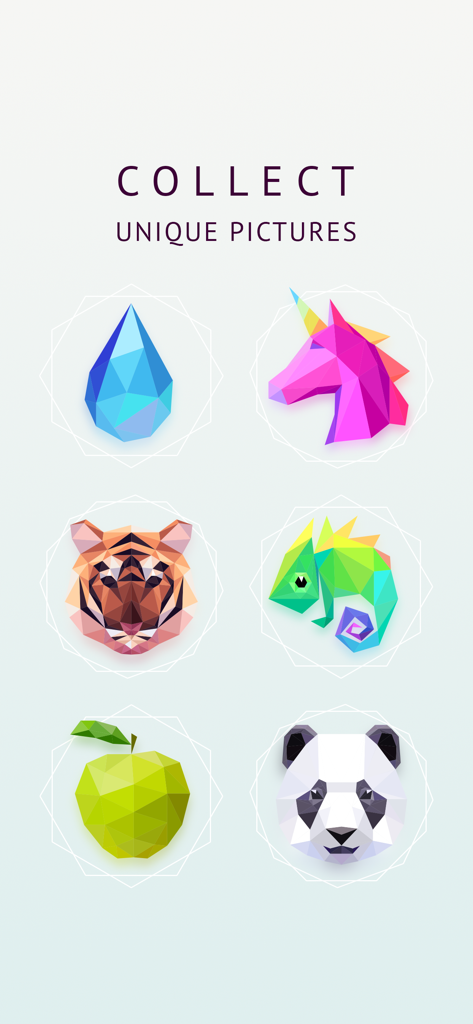 A gallery of low poly 3D art puzzles including a unicorn tiger and panda