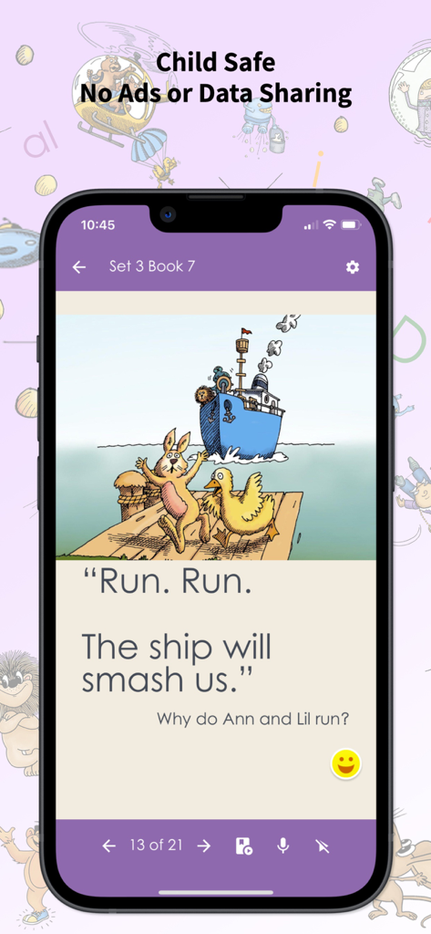 Reading For All Learners 1-8 - Pantalla de la aplicación Lectura para todos los estudiantes que muestra una historia de fonética sobre un conejo y un pato cerca de un barco con una pregunta de comprensión.