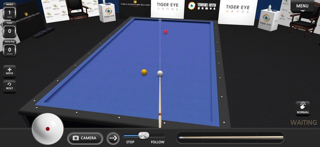 A 3D simulation of a three-cushion billiards match on a blue table
