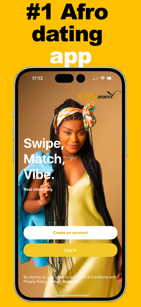Afrosmeet – Black Dating App - Pantalla de inicio de la aplicación de citas Afrosmeet para negros, con una joven sonriente y el eslogan Swipe Match Vibe