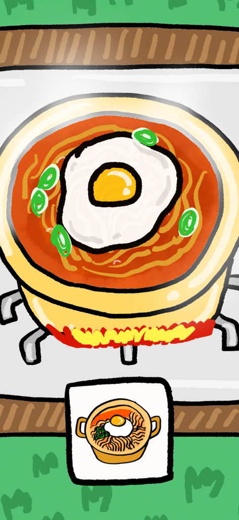 Una olla de dibujos animados de fideos ramen con un huevo frito y cebollas verdes cocinándose en una estufa