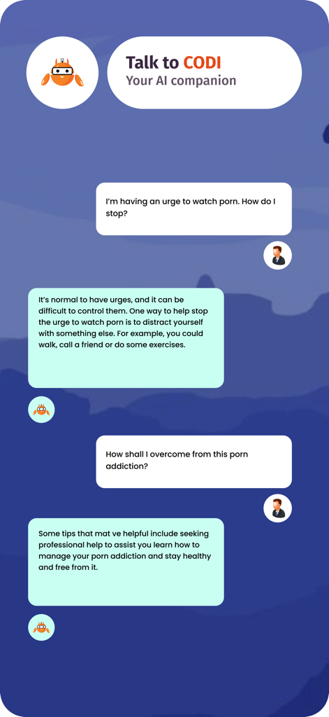 BlockerX: Pornblocker app - A chat interface between a user and CODI the AI companion offering support for porn addiction
