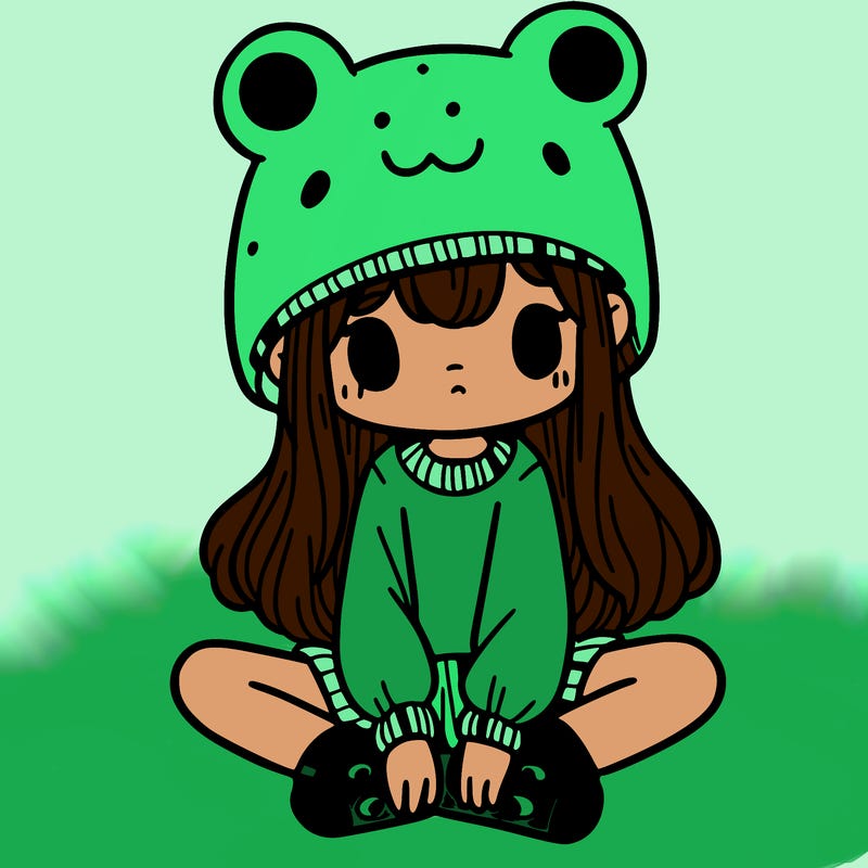 a girl wearing a frog hat and some frog socks