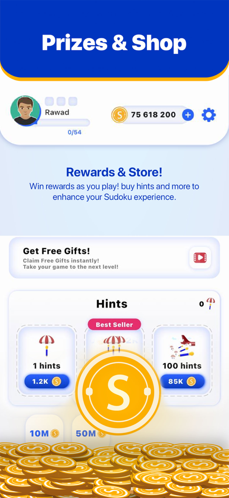 Sudoku Friends - Multiplayer - Pantalla de la tienda del juego para Sudoku Friends, que muestra el saldo de monedas y las opciones para comprar pistas.