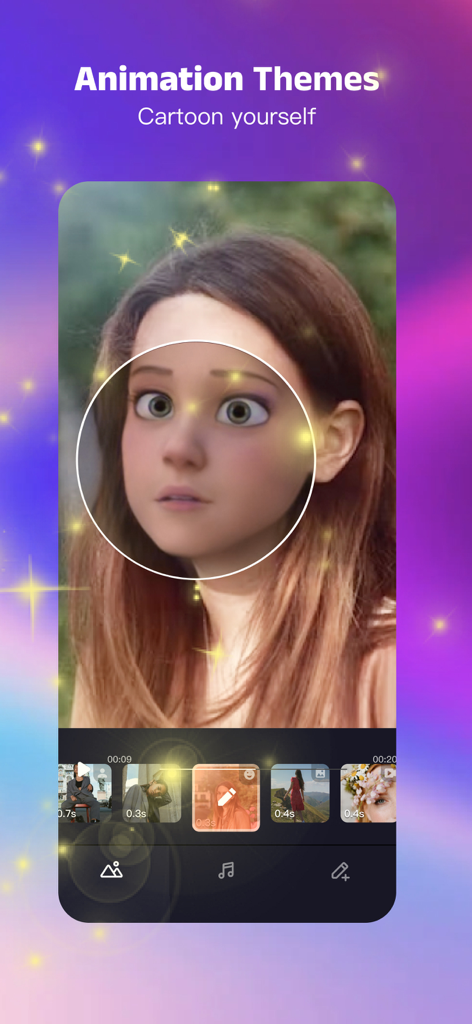 Interface de thème d'animation de l'application Tempo montrant un filtre cartoon appliqué au visage d'une personne dans une chronologie de montage vidéo