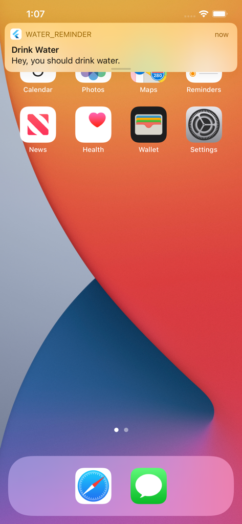 Water Reminder - Daily Drink - Pantalla de inicio de iPhone que muestra una notificación push de la aplicación Recordatorio de Agua que dice Bebe Agua