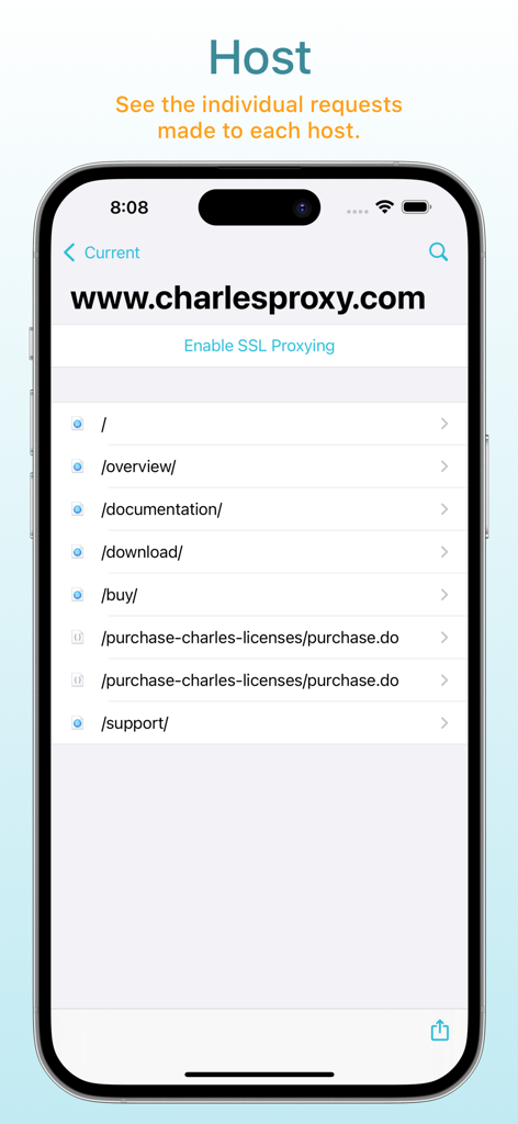 特定のホストに対する個々のネットワークリクエストを表示するCharles Proxy iOSアプリのインターフェース