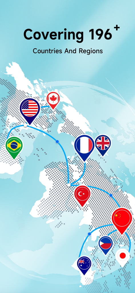 World map with flag pins representing radio station coverage in over 196 countries