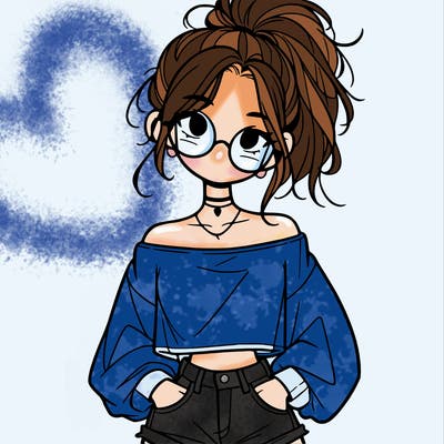 girl with a messy ponytail glasses a baggy crop top and jean shorts