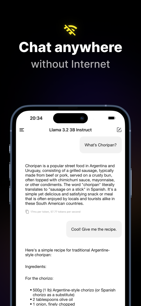 PocketPal AI mobile app interface showing an offline chat with a Llama model