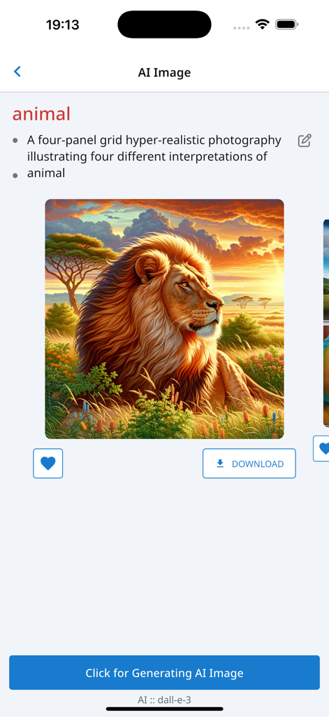 Thai Fast Dictionary - AI image generation interface in the Thai Fast Dictionary app showing a realistic lion illustration for the word animal