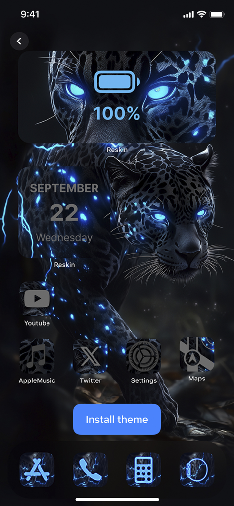 Dark leopard theme with glowing blue eyes and lightning icons on an iPhone home screen.