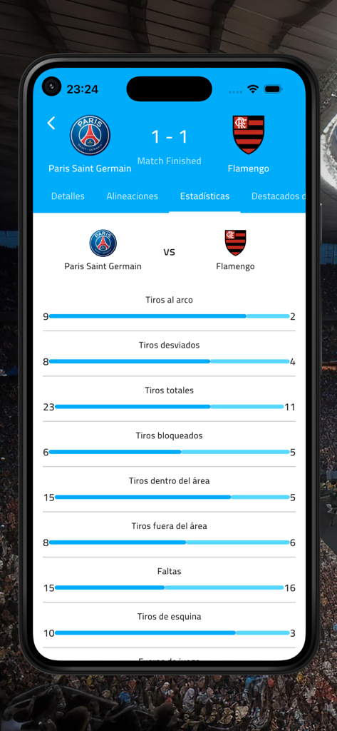 Futbol Argentina - EN VIVO - Pantalla de estadísticas del partido de fútbol para PSG contra Flamengo mostrando comparaciones de tiros y faltas