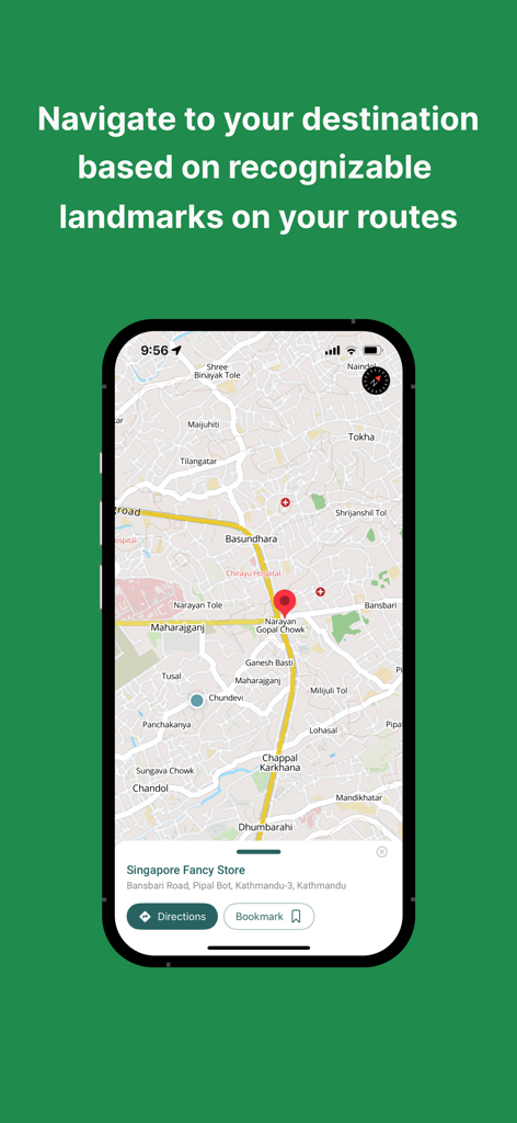 Baato Maps - Smartphone screen displaying Baato Maps with landmark based navigation and local shop details in Kathmandu
