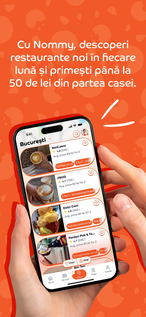 La interfaz de la aplicación Nommy Restaurant Club que muestra una lista de restaurantes seleccionados con calificaciones de estrellas y recompensas gastronómicas