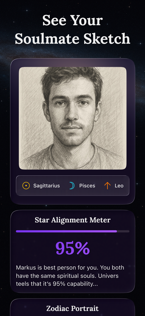 Soulmate Drawing – Astrala - A pencil sketch of a man labeled as a soulmate with astrological signs and a 95 percent star alignment meter