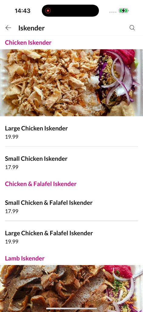 Menübildschirm der Yum Yum Kebab und Smoothies App, der verschiedene Chicken und Lamb Iskender-Optionen mit Preisen anzeigt