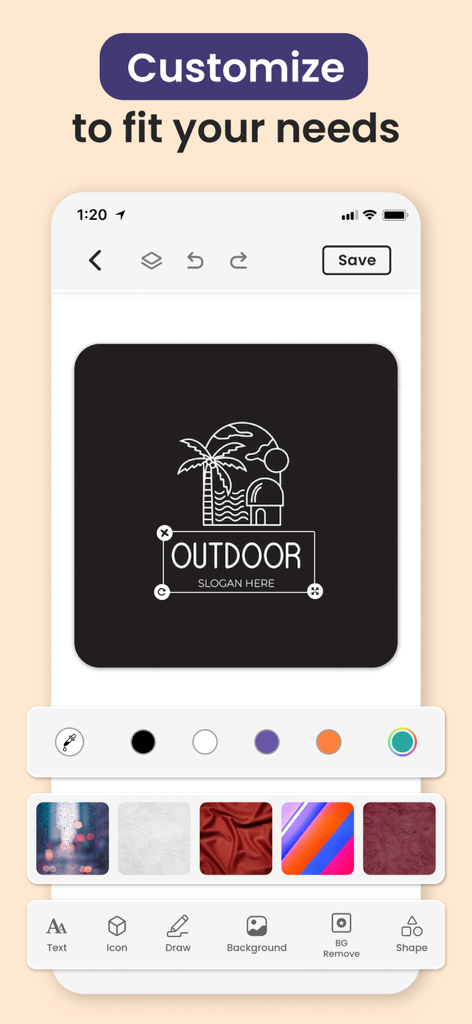 Logo Maker Shop - Creator ۬ - Interfaz de la app Logo Maker Shop mostrando opciones para personalizar texto, iconos, colores y fondos del logo.