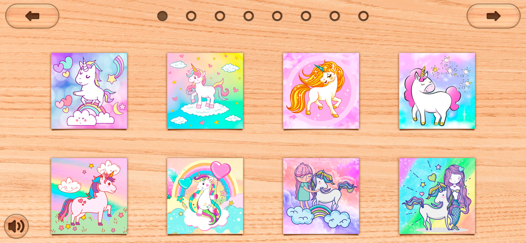 Unicorn Puzzles Game for Girls - Menú de selección del Juego de Puzles de Unicornios para Niñas mostrando varias lindas ilustraciones de unicornios