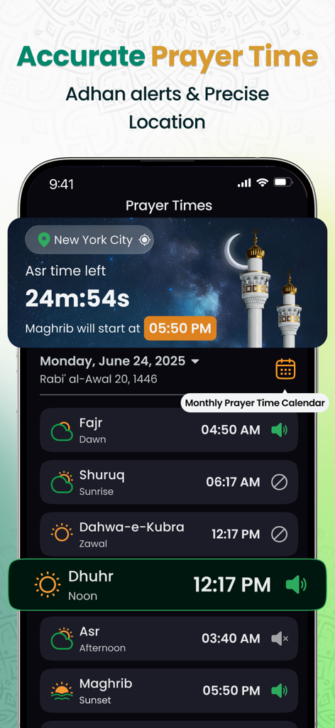 Quran Majeed - Tazkiah - Quran Majeed Tazkiah app displaying daily prayer times and Adhan alerts with precise location