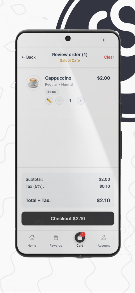 Salool Cafe - Salool Cafe app review order screen showing a cappuccino and checkout button