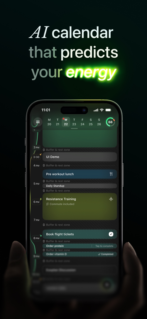 Exoplan: energy-aware calendar - iPhone showing the Exoplan AI calendar app with a schedule organized by daily energy levels.