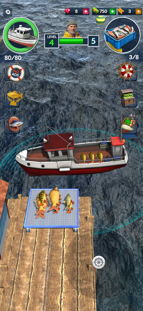 Vista cenital de un barco de pesca en un muelle de madera en Open Sea Fishing Simulator