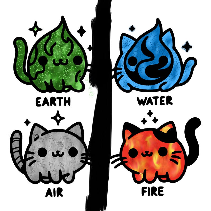 4 cats that represent the different elements, earth, water, air, and fire